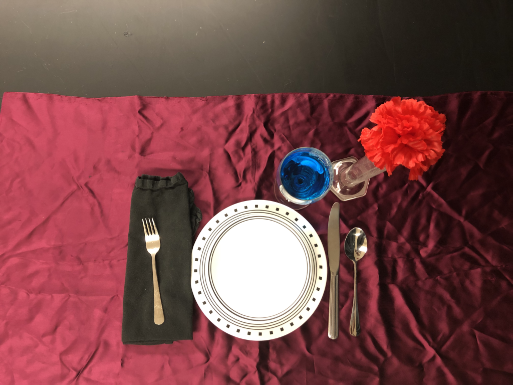 A table setting is viewed from top-down. On top of a tablecloth is a plate, bowl, wine glass filled with blue liquid, a vase with a red carnation, a napkin with a fork placed on top, a spoon, and a knife.