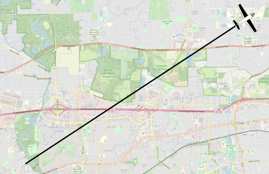 A map of DuPage County, Illinois is overlaid with a thick black line depicting the displacement between Naperville and the College of DuPage. A cartoon airplane is depicted at the final location, the College of DuPage.