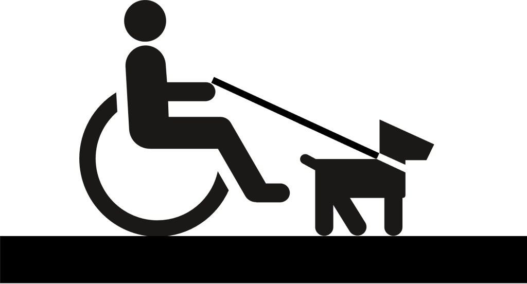 A black and white graphic created from icons of a stick figure using a wheelchair, holding a leash that is connected to a dog.