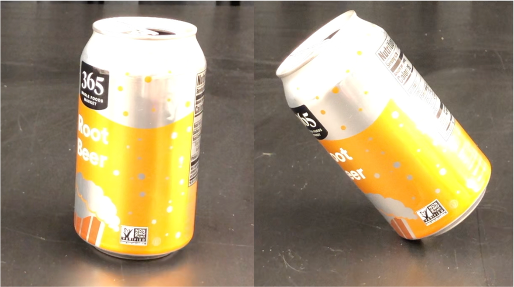 A photograph of a soda can sitting on its base on a lab table (left). A photograph of the same soda can resting on the lip between the base and side of the can (right).
