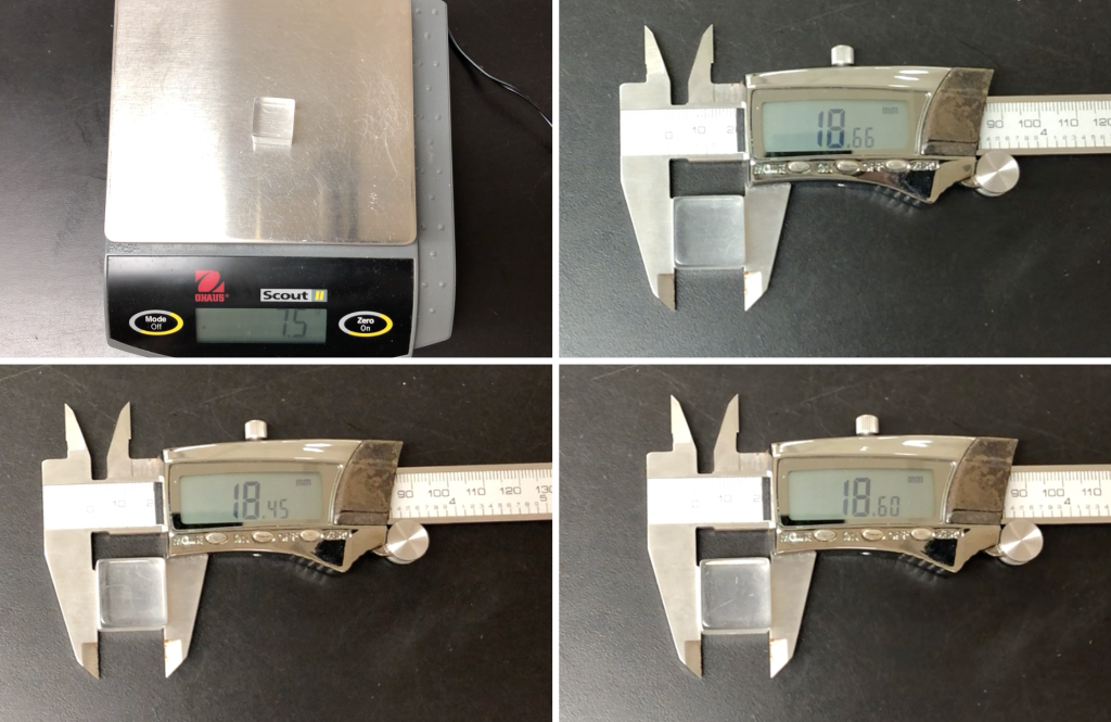 Four photographs. The top left photograph shows a piece of acetate (clear plastic cube) on a balance displaying a mass of 7.5 grams. The other three photographs show a caliper being used to measure the length, width, and height of the cube. These dimensions are provided in the text.