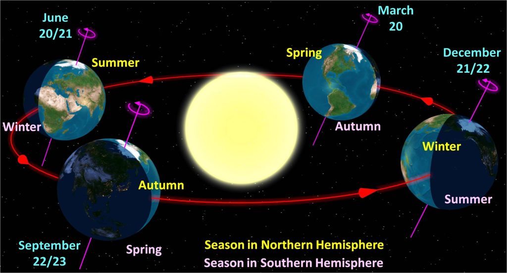 A graphic depicting the Earth in relation to the sun during each of four seasons. The axial tilt of the Earth at each point contributes to the season experinced on each of the north or south hemispheres.