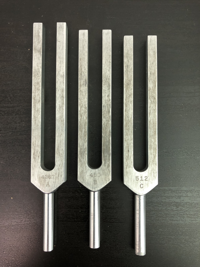 Three metal tuning forks are displaced on a table top. To the left is the longest tuning fork, in the middle is a smaller tuning fork, and to the right is the shortest tuning fork. Each is stamped with the frequency of tone that the fork plays when forced to vibrate.
