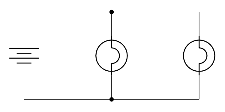 A circuit diagram consisting of a battery and two light bulbs, all connected in parallel.