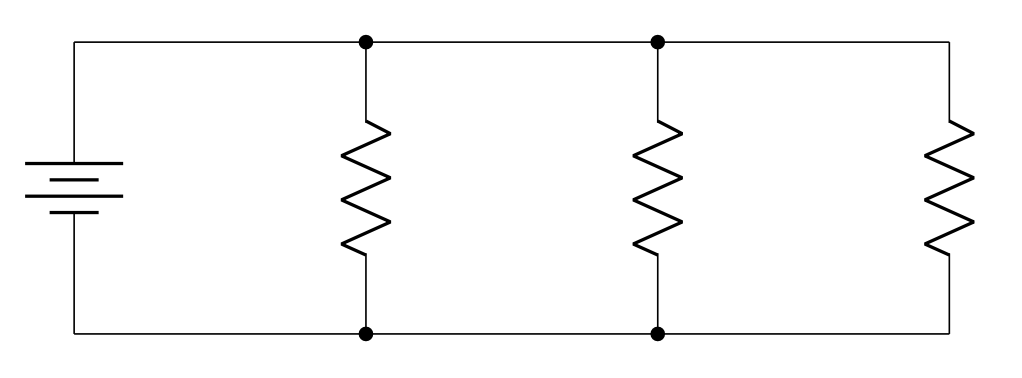 A circuit diagram consisting of a battery and three identical resistors, all connected in parallel.