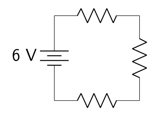 A circuit diagram consisting of a 6 V battery and three identical resistors, all connected in series.