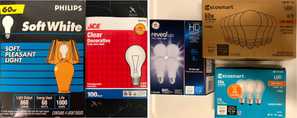Two photographs. The photograph on the left is zoomed in to focus on two boxes of incandescent light bulbs. The left box is for Philips Soft White 60 W bulbs. The right box is for Ace Hardware Clear Decorative 100 W bulbs. The photograph on the right shows three boxes of LED light bulbs. The box on the left is for GE Reveal 8 W (60 W equivalent) bulbs; the box on the upper right is for Ecosmart Soft White 60 W equivalent bulbs; the box on the bottom right is for Ecosmart Soft White 4.5 W (40 W equivalent) bulbs.