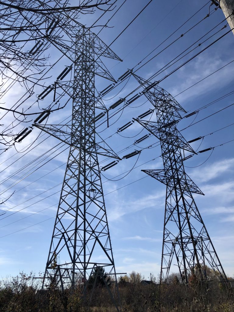 A photograph of two transmission lines. These are extremely large aluminum structures that act as supports for wires strung between a power plant and an electrical substation. These two transmission lines are seen towering above shrubbery, trees, and some small homes at the bottom of the photograph, and are silhouetted with a blue sky in the background.