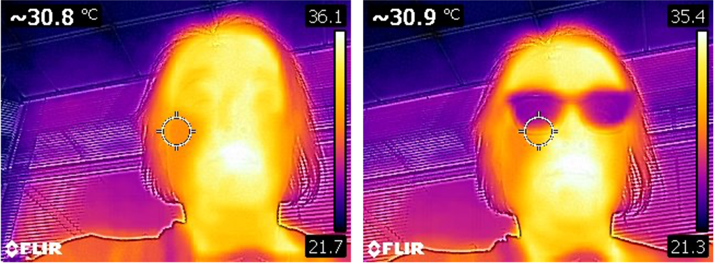 Two infrared photographs of Dr. Pasquale. In the left photo, her entire face is colored using a colormap corresponding to heat. Her face therefore appears mostly as shades of yellow and orange. In the right photo, a similar effect is created, however, her eyes appear dark blue or black due to the presence of her eyeglasses, which block the heat emitted from behind them.