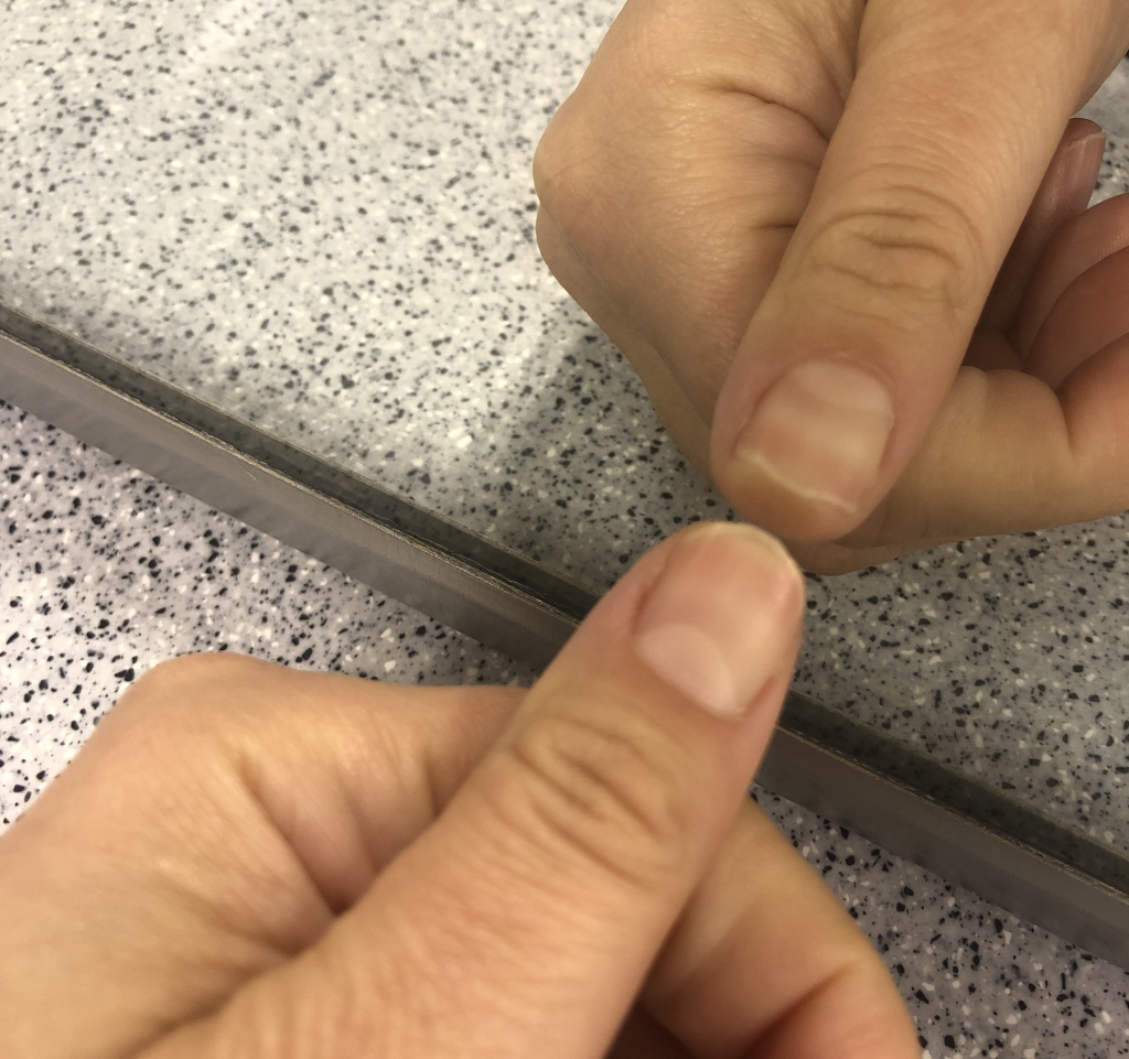 A photograph of Dr. Pasquale's hand, with her thumb touching the glass of a mirror. There is a gap between her thumb and the reflected image of her hand.