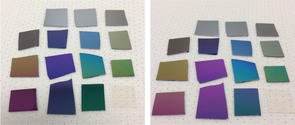 Two photographs showing 15 samples, small squares of silicon with different layers of glass on top. Each sample appears to be a different color. The difference between the two photographs is the viewing angle. The colors of each sample are slightly different between the two photographs.