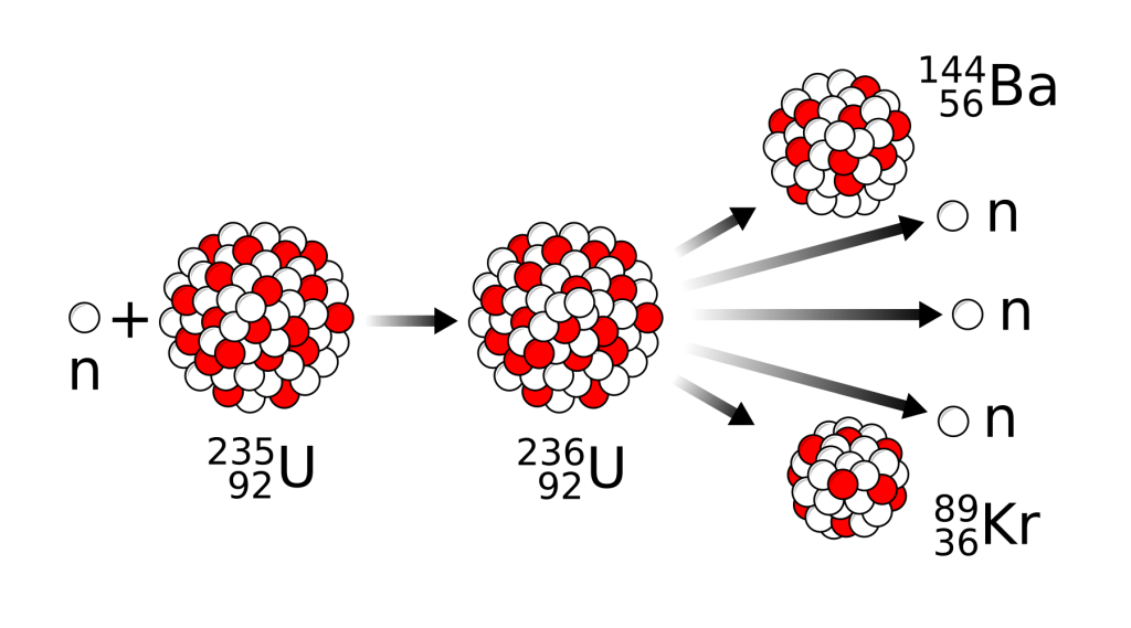 A graphic showing a neutron hitting uranium-235, which briefly becomes uranium-236 before splitting into barium-144, krypton-89, and three new neutrons.