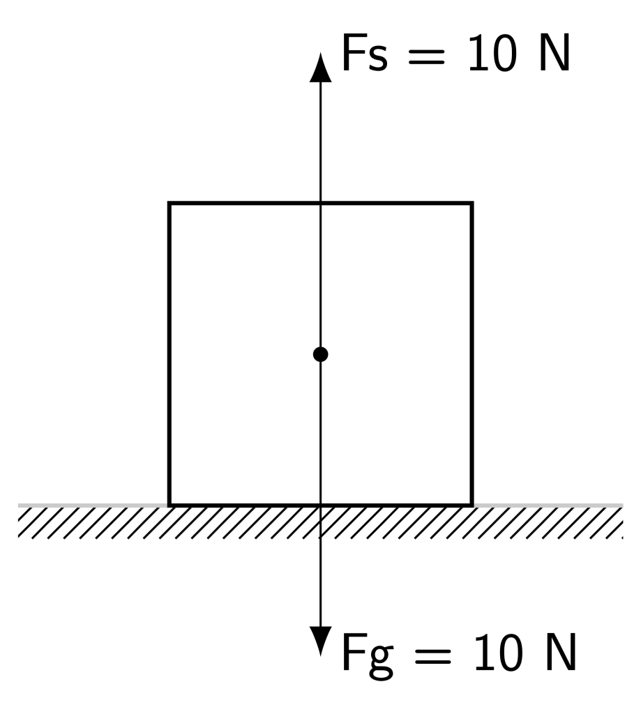 A block is depicted as resting on a surface. An arrow from the center of mass of the block pointing upward is labeled "Fs = 10 N." An arrow from the center of mass of the block pointing downward is labeled "Fg = 10 N." Both arrows have an equal length.