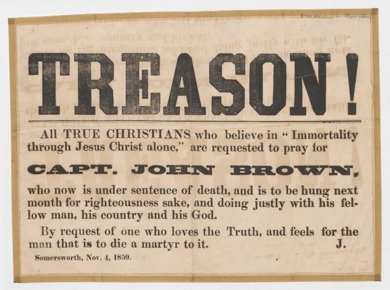 A broadside published after John Brown was convicted of treason, requesting prayers for the condemned man.