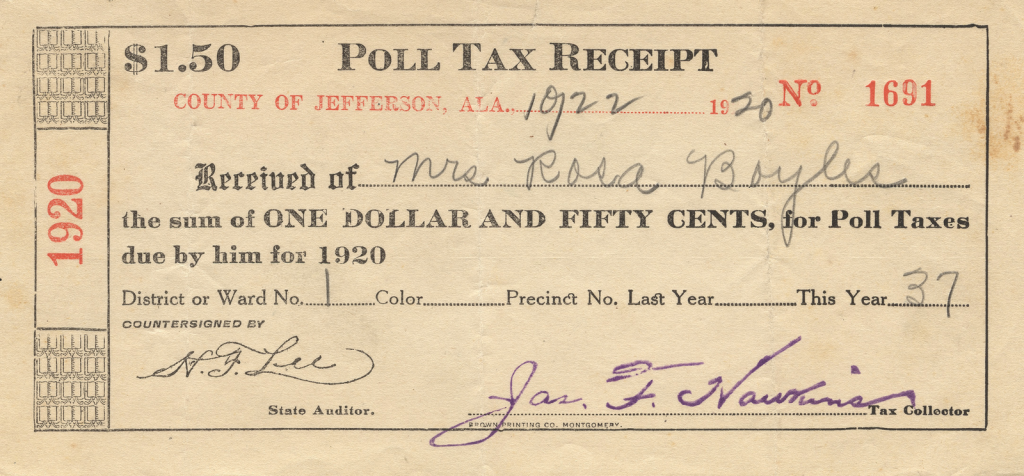 A receipt for payment of poll tax from Alabama in 1920.