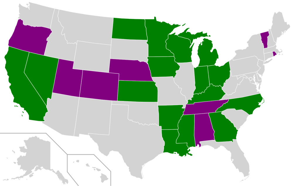 Map of U.S. states which prohibit slavery and involuntary servitude in their state constitutions.
