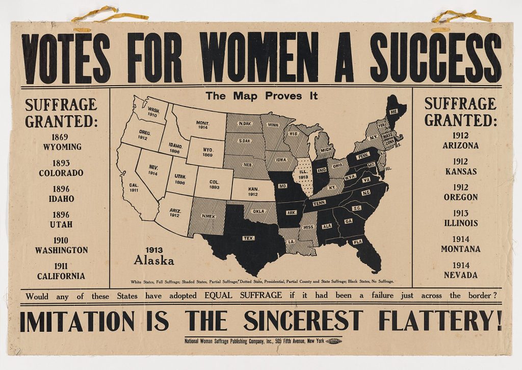A map of states that had adopted women's suffrage as of 1914 with the headline, "Votes for Women A Success. Imitation is the Sincerest Flattery!"