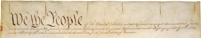 A cropped and digitally modified version of the first page of the United States Constitution showing only the preamble.