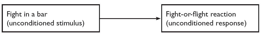 Diagram showing a fight in a bar (unconditioned response) resulting in a fight-orflight reaction (unconditioned response)