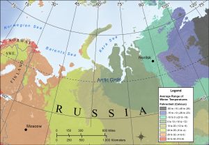 Color-coded map of cold temperature patterns in northern Russia.