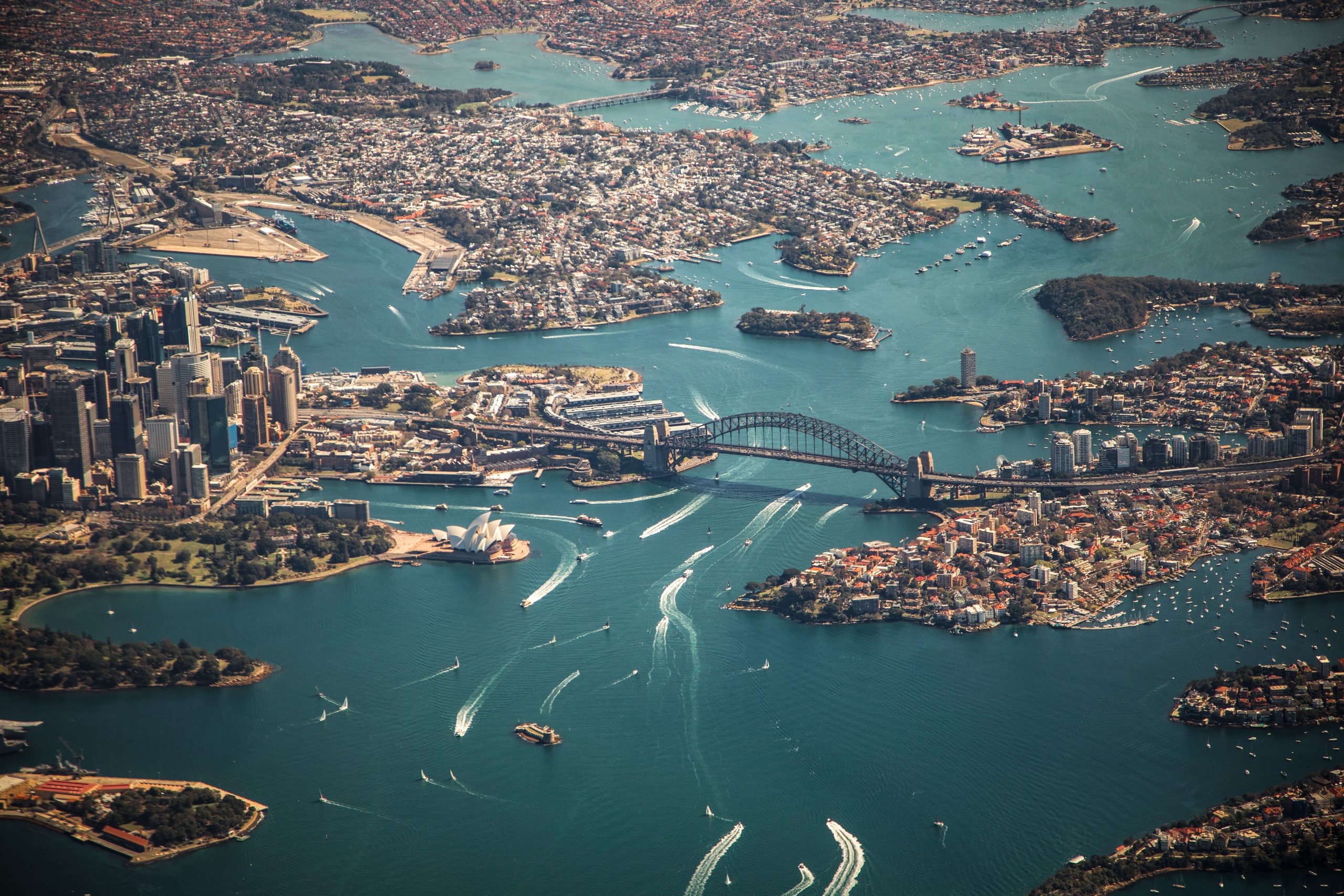 Aerial photography of Sydney, Australia, and its harbor.