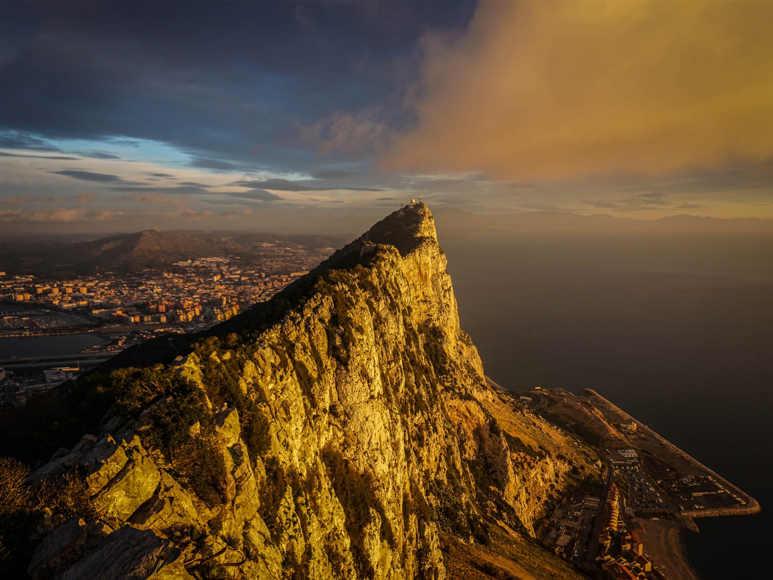 Aerial photograph of sunrise at the rock of Gibraltar.