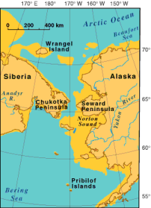 Political map showing land on both sides of the Bering Strait.