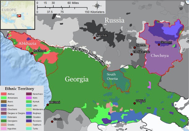 Map showing the territories of ethnic groups in Georgia and neighboring Russia in the Caucasus region.