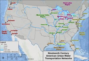 Map of the United States, featuring 19th century urban water transportation networks.