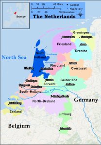 Colorful maps showing the regions of the Netherlands.