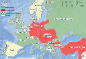 Map showing Europe's alliances in World War I.