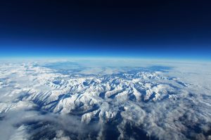 Aerial photograph of the snow-capped Pyrenees Mountains.