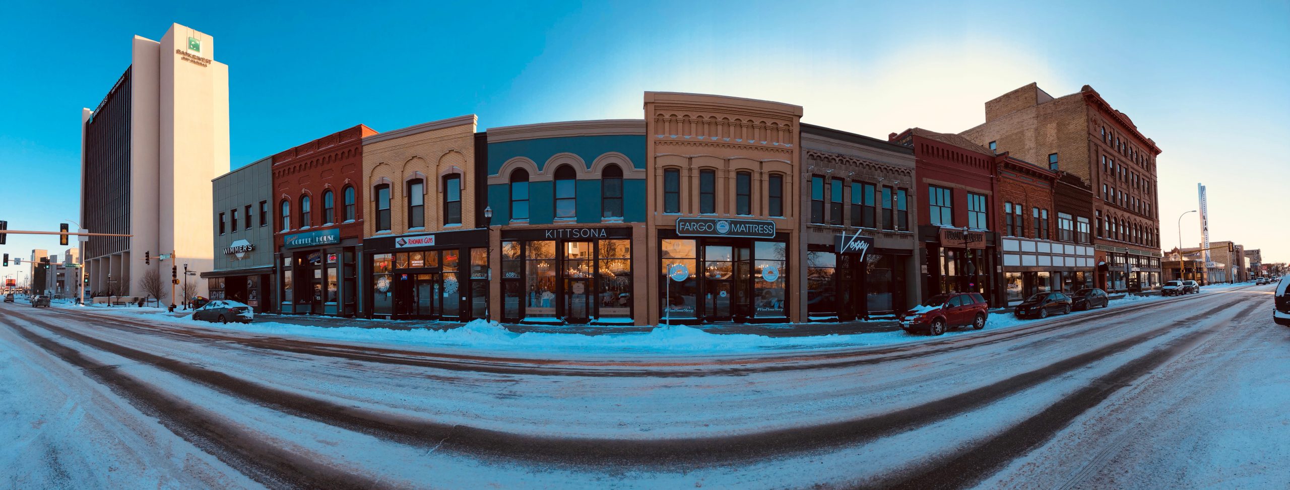 Wide-angle photograph of Main Street in Fargo, North Dakota.