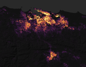 Comparative photographs of nighttime lights in Puerto Rico's capital city. Many more lights before the hurricane.