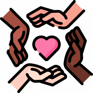 Black, brown, and white hands encircle a heart. 