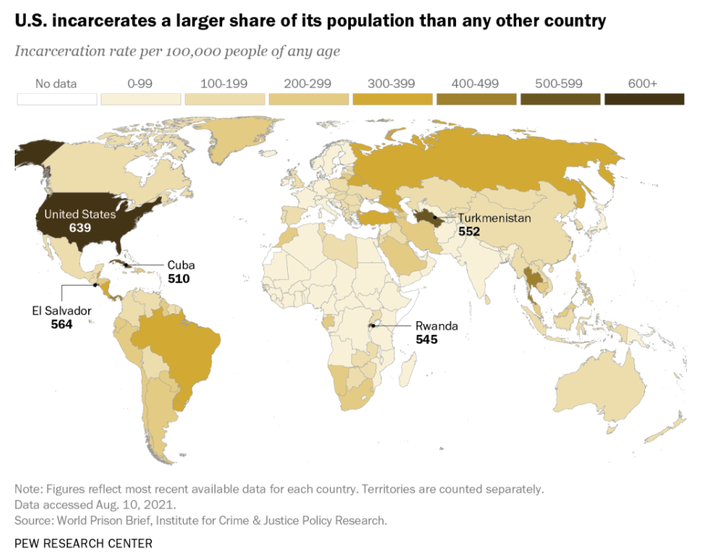 Map depicting Comparison of Worldwide Incarceration Rates 