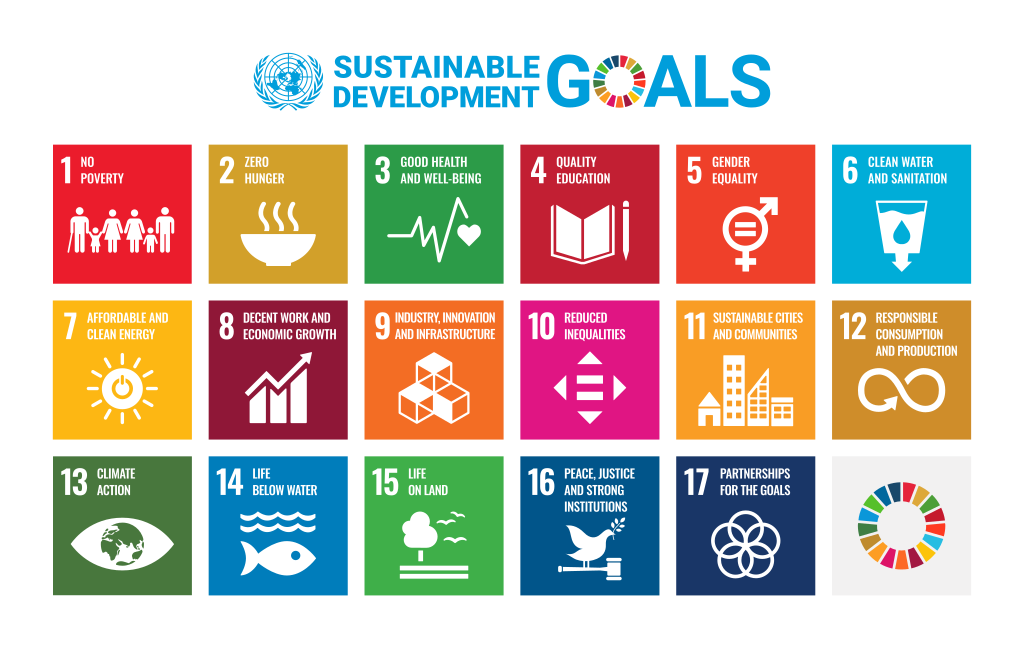 Tiles depicting each of the 17 Sustainable Development Goals with the name of each goal and an icon representing the goal.