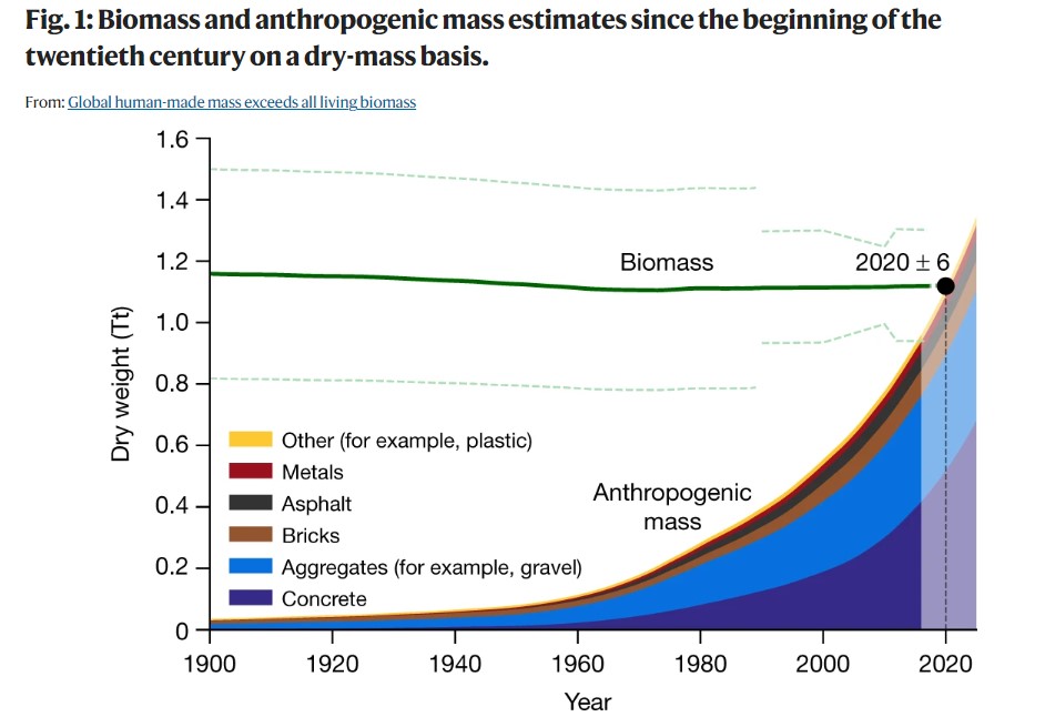 This chart depicts how around 2020, human-made mass (including metals, asphalt, bricks, gravel, concrete, etc.) will outweigh living biomass.