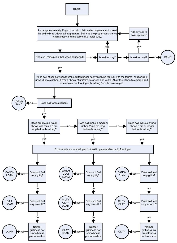 Flowchart for determining soil texture based on physical properties and moisture content.