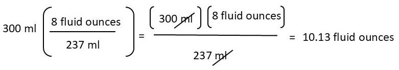 Unit cancellation equation setup to convert 300 milliliters to fluid ounces (metric to imperial system calculation).
