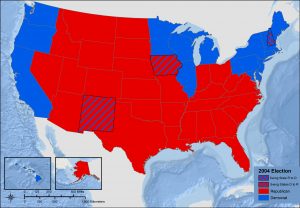 Map of the United States 2004 Presidential Election - Swing States. Most states are red for Republican. Blue states are along the West Coast, northeastern and upper Midwest. Iowa and New Mexico switched to Republican. New Hampshire switched to Democrat.