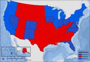 Map of the United States 2008 Presidential Election - Swing States. Most states are red for Republican. Blue states are along the West Coast, northeastern and upper Midwest. Additionally, numerous states switched to Democrat, bringing Barack Obama to victory.