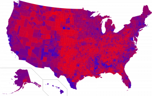 United States map showing the 2016 residential election by county. Red counties are many, but mostly rural -- red is for Republican. Blue counties are fewer but have higher populations. There are numerous purple counties that are closely contested.