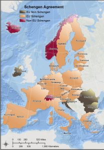 Map of countries in Europe regarding membership in the Schengen Agreement.