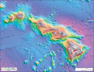 Color coded bathymetric map of Hawaii.