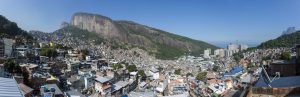 Panoramic photograph of the Rocinha favela in Rio de Janeiro, Brazil.