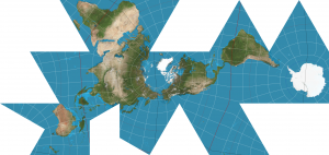 World map in the Dymaxion projection that sharply cuts and disconnects the oceans to create a discordant grouping a land-focused triangles.