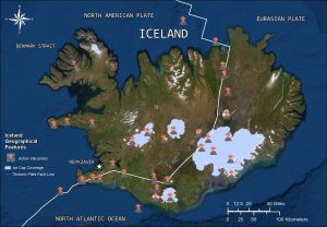 Map showing glaciers and volcanoes in Iceland.