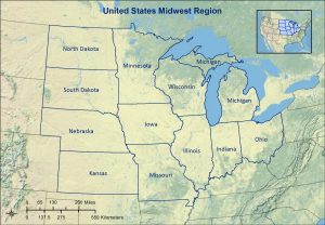 Topographic map of the Midwest region of the United States.