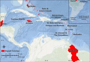 Map of British colonies in Latin America and the Caribbean.